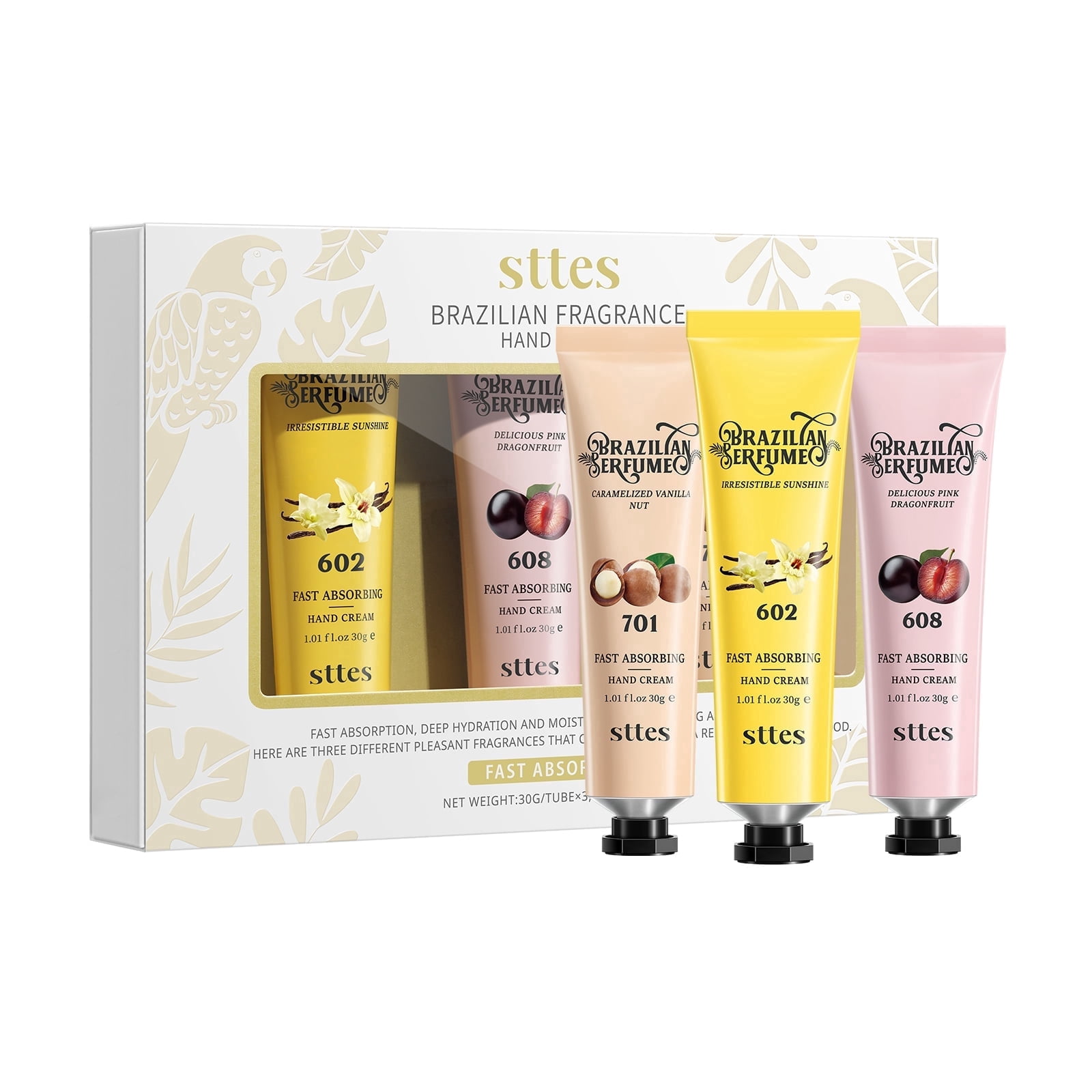 Sttes Brazilian Fragrance Hand Cream Gift Set, 3 Pack Moisturizing Scented Hand Cream with 602 Irresistible Sunshine, 608 Delicious Pink Dragonfruit & 701 Caramelized Vanilla Nut, 1.01 fl oz Each