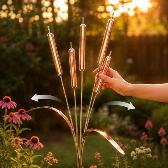 Sttlejura Cattail Wind Chimes Garden Stake, Metal Kinetic Wind Spinner With Polished Copper Finish for Patio Pathway Pond Decor