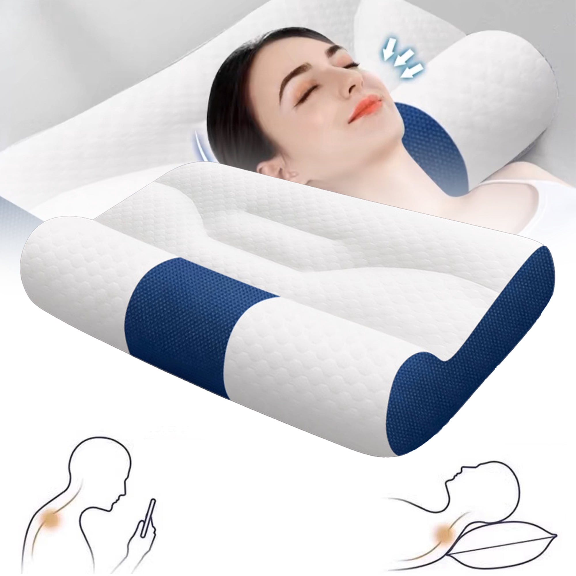 Sttlejura Neck Pillow for Adults & Students – Breathable Cervical Traction Pillow with Hollow Elastic Cotton, Ideal for Back/Side Sleepers(BLUE)