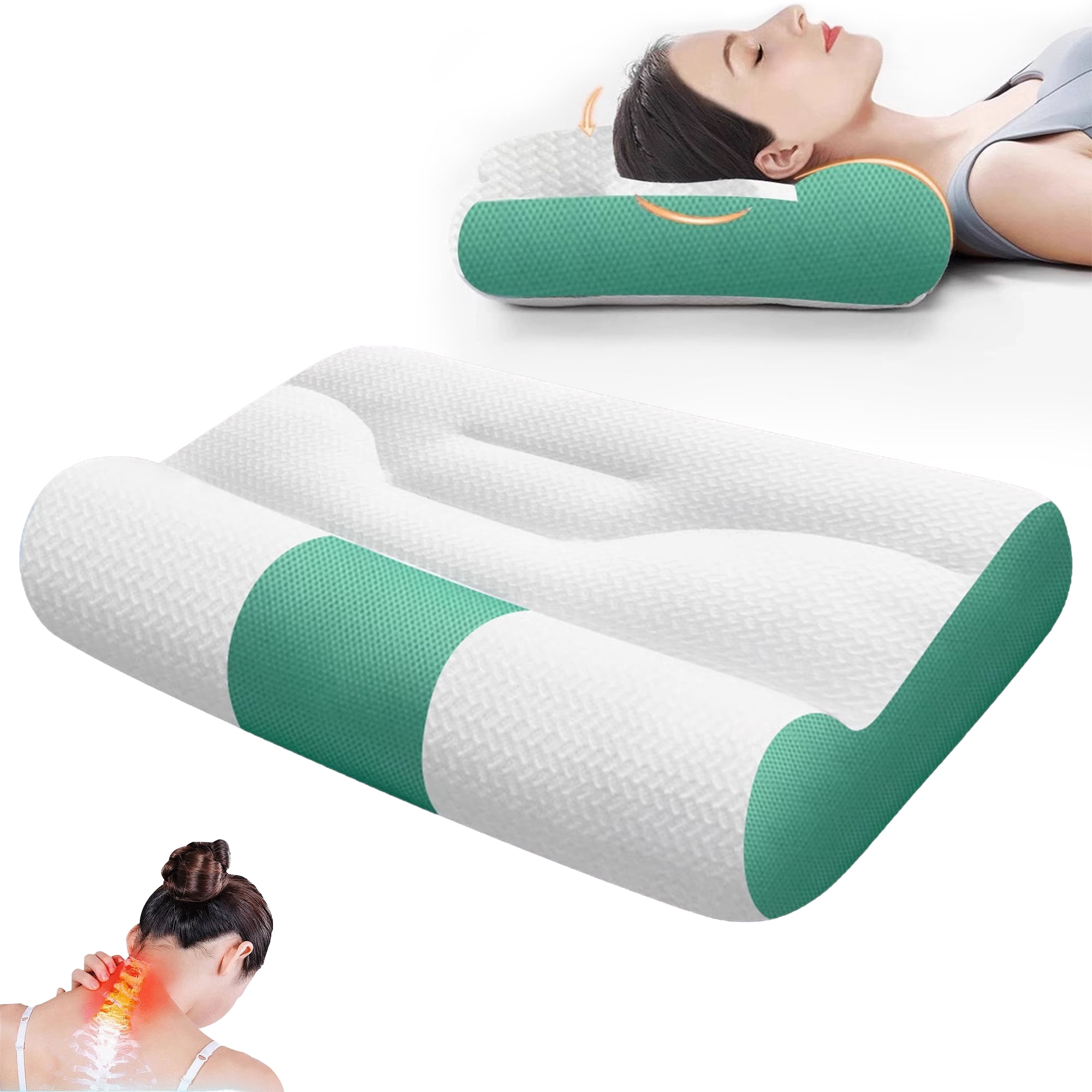 Sttlejura Neck Pillow for Adults & Students – Breathable Cervical Traction Pillow with Hollow Elastic Cotton, Ideal for Back/Side Sleepers(GREEN)