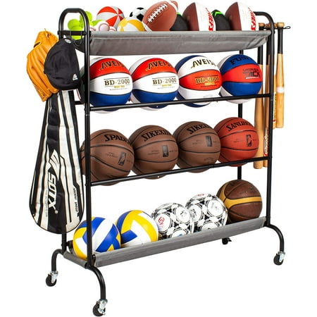 Sttoraboks Basketball Rack, Garage Ball Storage Stand 4-Layer Ball Rack Rolling Balls Organizer with Baseball Bat Holder & Hooks Sport Equipment Storage Cart with Wheels for Football Volleyball Soccer