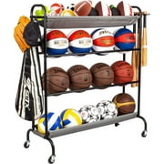 Sttoraboks Basketball Rack, Garage Ball Storage Stand 4-Layer Ball Rack Rolling Balls Organizer with Baseball Bat Holder & Hooks Sport Equipment Storage Cart with Wheels for Football Volleyball Soccer