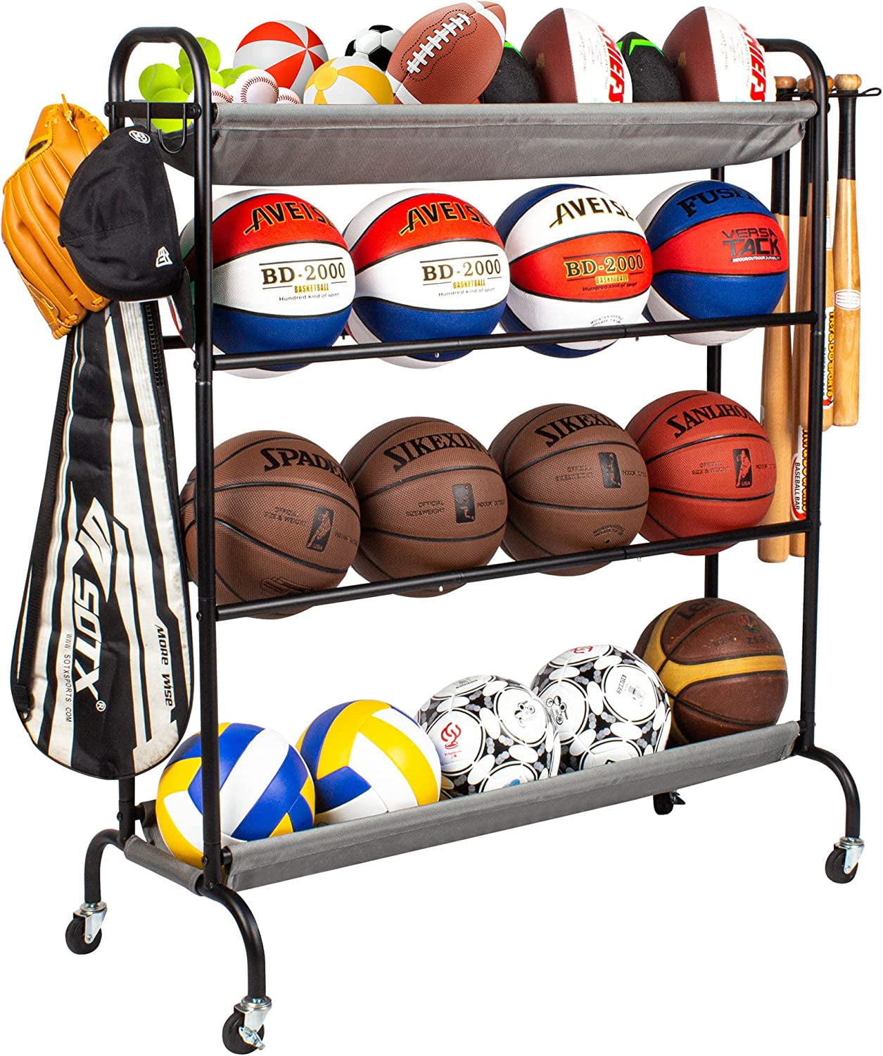 Sttoraboks Basketball Rack, Garage Ball Storage Stand 4-Layer Ball Rack  Rolling Balls Organizer with Baseball Bat Holder & Hooks Sport Equipment  Storage Cart with Wheels for Football Volleyball Soccer 