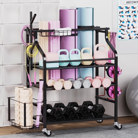 Sttoraboks Dumbbells Rack,Weight Rack for Kettlebell, Weight Stand,Home Gym Storage Holder for Yoga Mat, Foam Roller,Yoga Strap,Resistance Bands,Garage Storage Organizer,Workout Storage with Wheels