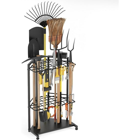 Sttoraboks Garden Tool Organizer for Corner - Heavy Duty Metal Rack with 34 Storage Compartments & 14 Hooks for Shovels, Rakes, Long-Handled Tools, Ideal for Garden, Shed, Garage Storage