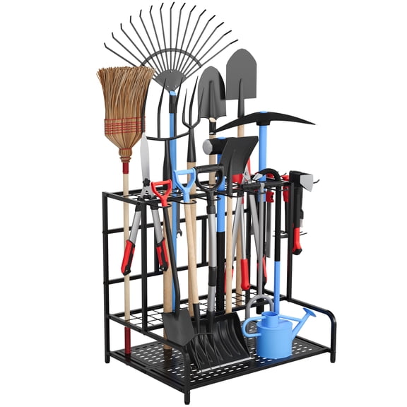 Garden Tool Organizer Rack Up to 39 Tools, Heavy-Duty Steel Yard Tool Organizer for Garage Storage with 12 Hooks, Broom Holder & Garden Tool Rack for Shed, Patio, Outdoor Storage, Black