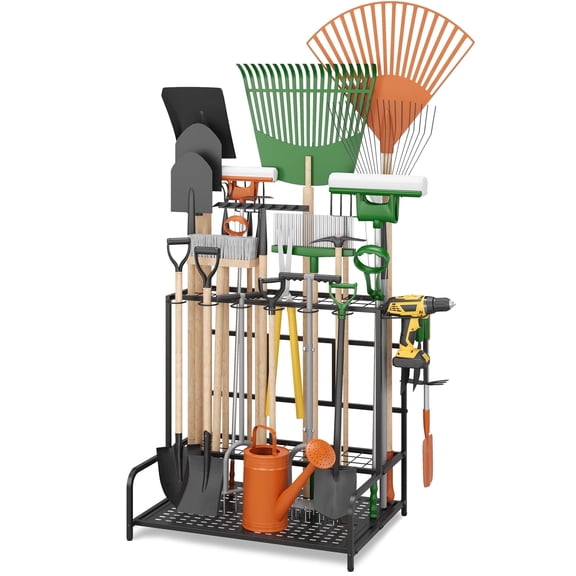 Garden Tool Organizer Rack Up to 39 Tools, Heavy-Duty Steel Yard Tool Organizer for Garage Storage with 12 Hooks, Broom Holder & Garden Tool Rack for Shed, Patio, Outdoor Storage, Black