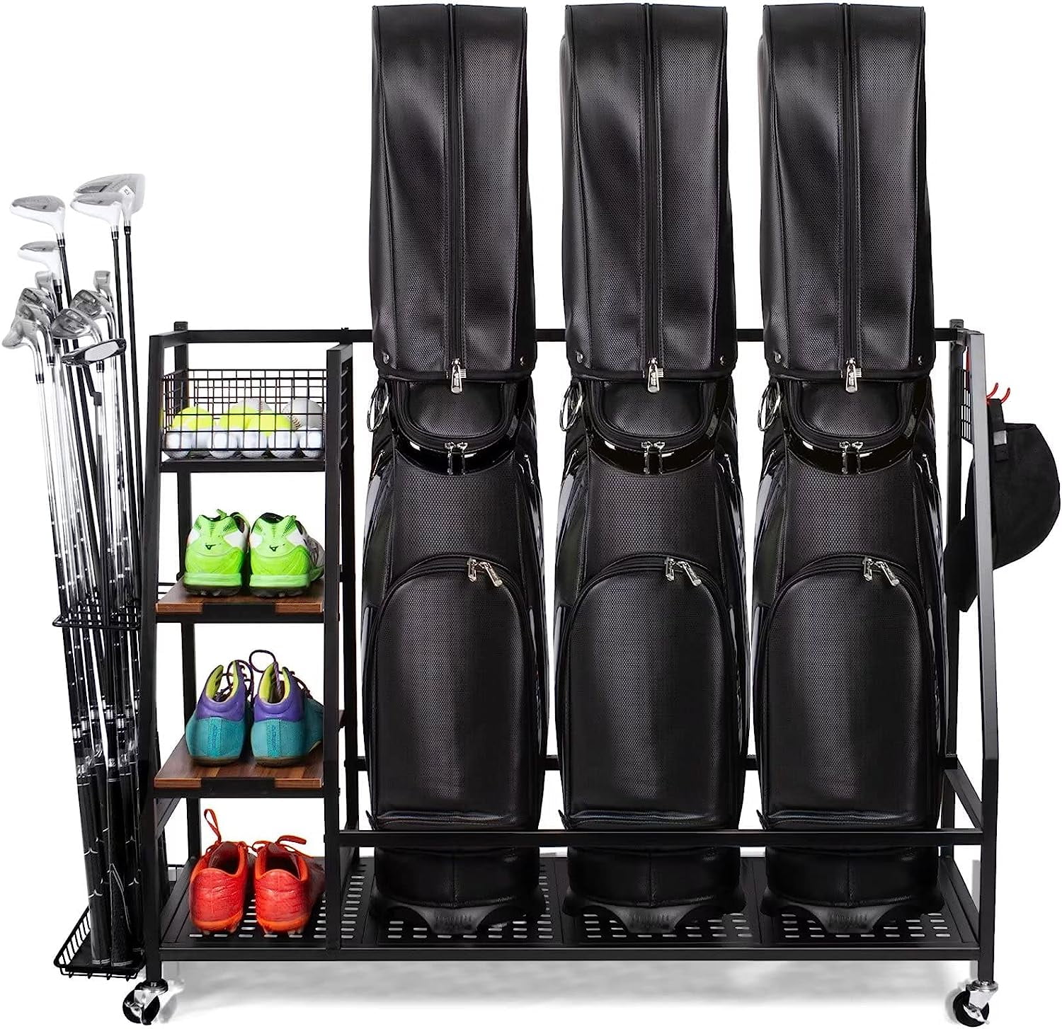 Sttoraboks Golf Bags Storage Garage Organizer Golf Bag Rack Fits 2 Golf Bags and Golf Equipment Accessories Golf Club Storage Stand with Wooden