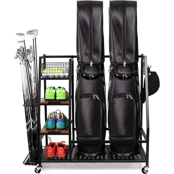 Sttoraboks Golf Bags Storage Garage Organizer, Golf Bag Rack Fits 2 Golf Bags and Golf Equipment Accessories, Golf Club Storage Stand with Wooden Shelf and Lockable Wheels for Garage Indoor Basement