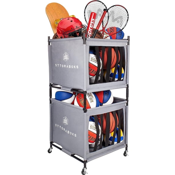 Sttoraboks Sports Ball Storage Cart with Wheels, Lockable Ball Organizer Basket with Elastic Straps, Stackable Ball Cage for Garage Storage, Gym, Sports Equipment Storage Oxford Bin, Ball Case