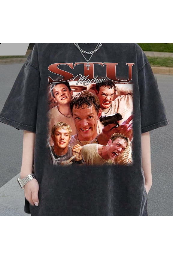 Stu Macher Vintage Graphic Tee - 90s Horror Movie T-Shirt with Oversized Black Design