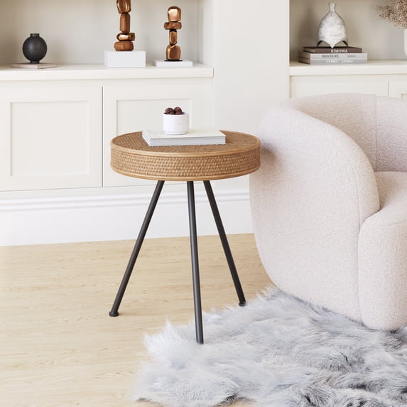 Stuart Side Table Natural End Table, Modern Style, Synthetic Rattan Weave 100% Polyethylene round shape tabletop, Steel, Indoor Living