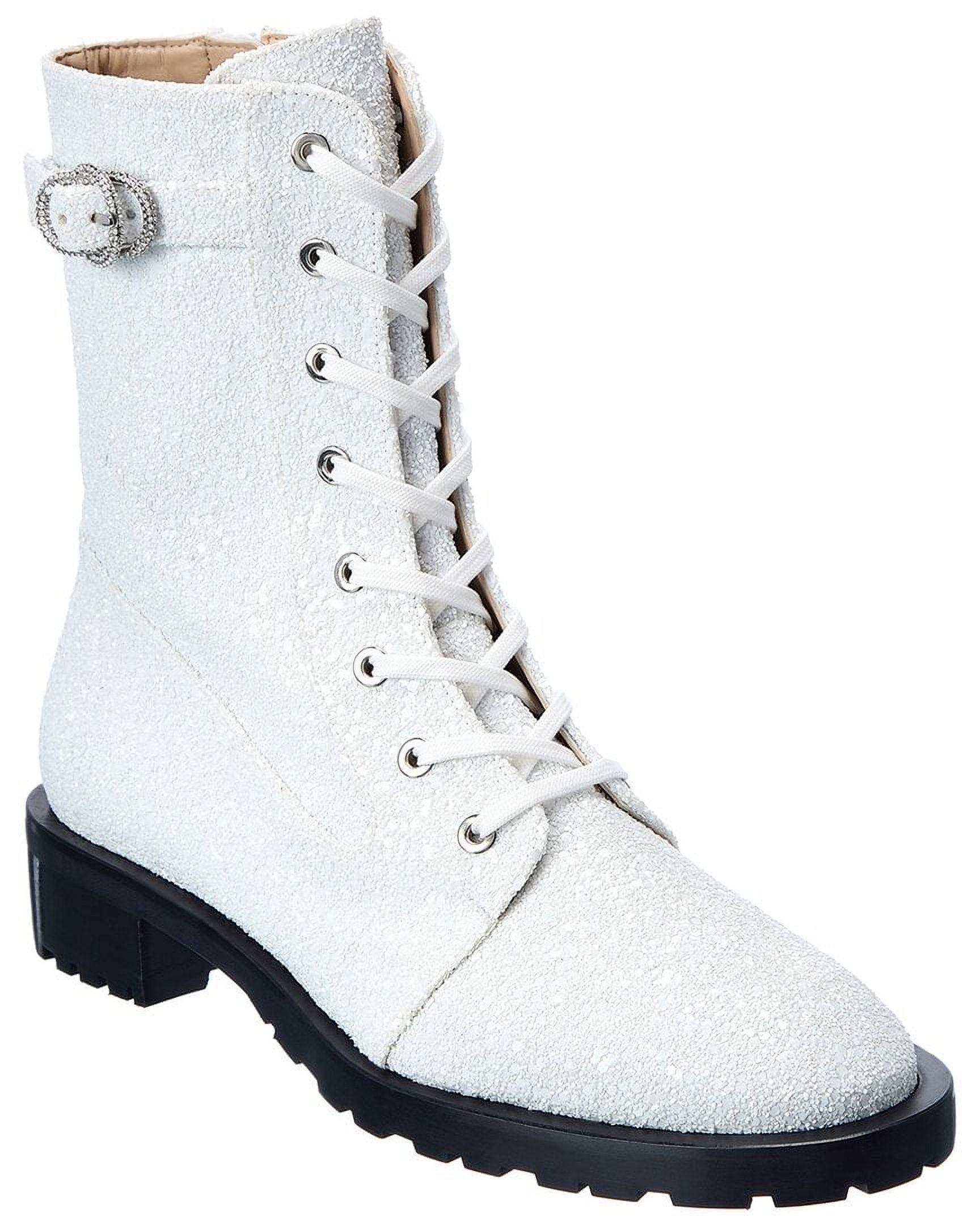 Stuart Weitzman Crystal Buckle Lace-Up Bootie, 6, White 