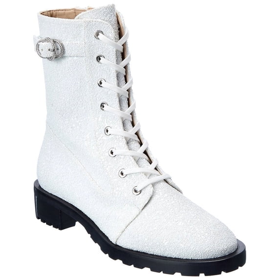 Stuart Weitzman Crystal Buckle Lace-Up Bootie, 6, White