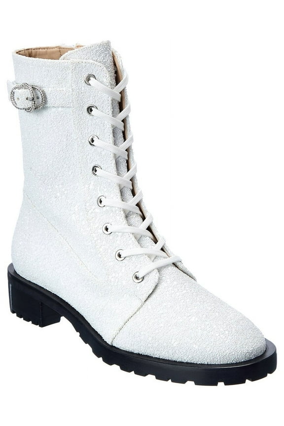 Crystal Buckle Lace-Up Bootie, 7.5, White