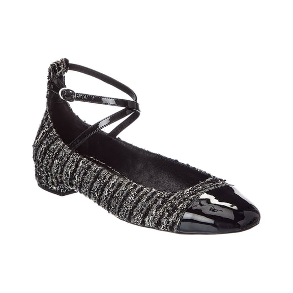 Stuart Weitzman Eden Strap Tweed & Patent Flat, 6.5, Black
