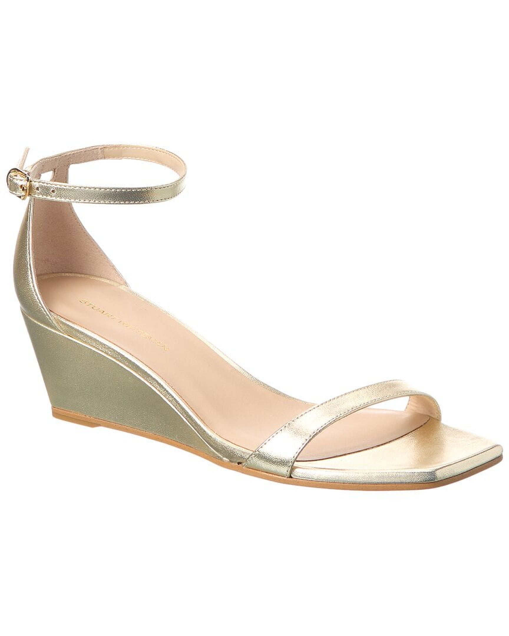 Stuart Weitzman Nudistcurve 50 Leather Wedge Sandal, 7, Gold  display picture 1