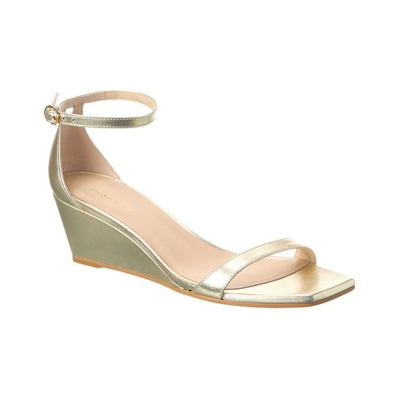 Stuart Weitzman Nudistcurve 50 Leather Wedge Sandal, 7, Gold