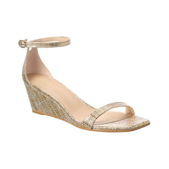 Stuart Weitzman Nudistcurve 50 Raffia Wedge Sandal, 7, Gold