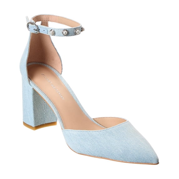Stuart Weitzman Pearl Strap Block 75 Denim Pump, 9.5, Blue