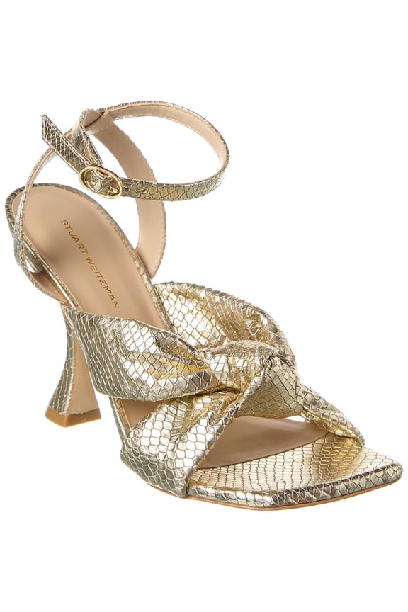 Playa Ankle Strap Snake-Embossed Leather Sandal, 7, Gold