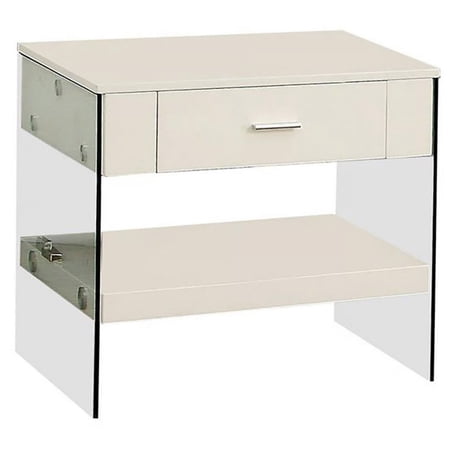 Benjara Stub 23 Inch Side End Table, Glossy White Wood, Glass Side Panels, 1 Drawer