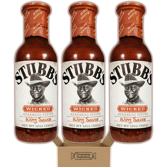 Stubb's Wing Sauce - Wicked Habanero Pepper - 3, 12 Ounce Bottles - Gluten Free, Kosher, Non-GMO - Baste Wings Often While Cooking or Toss Cooked Wings With Sauce in Cornershop Confections Pack