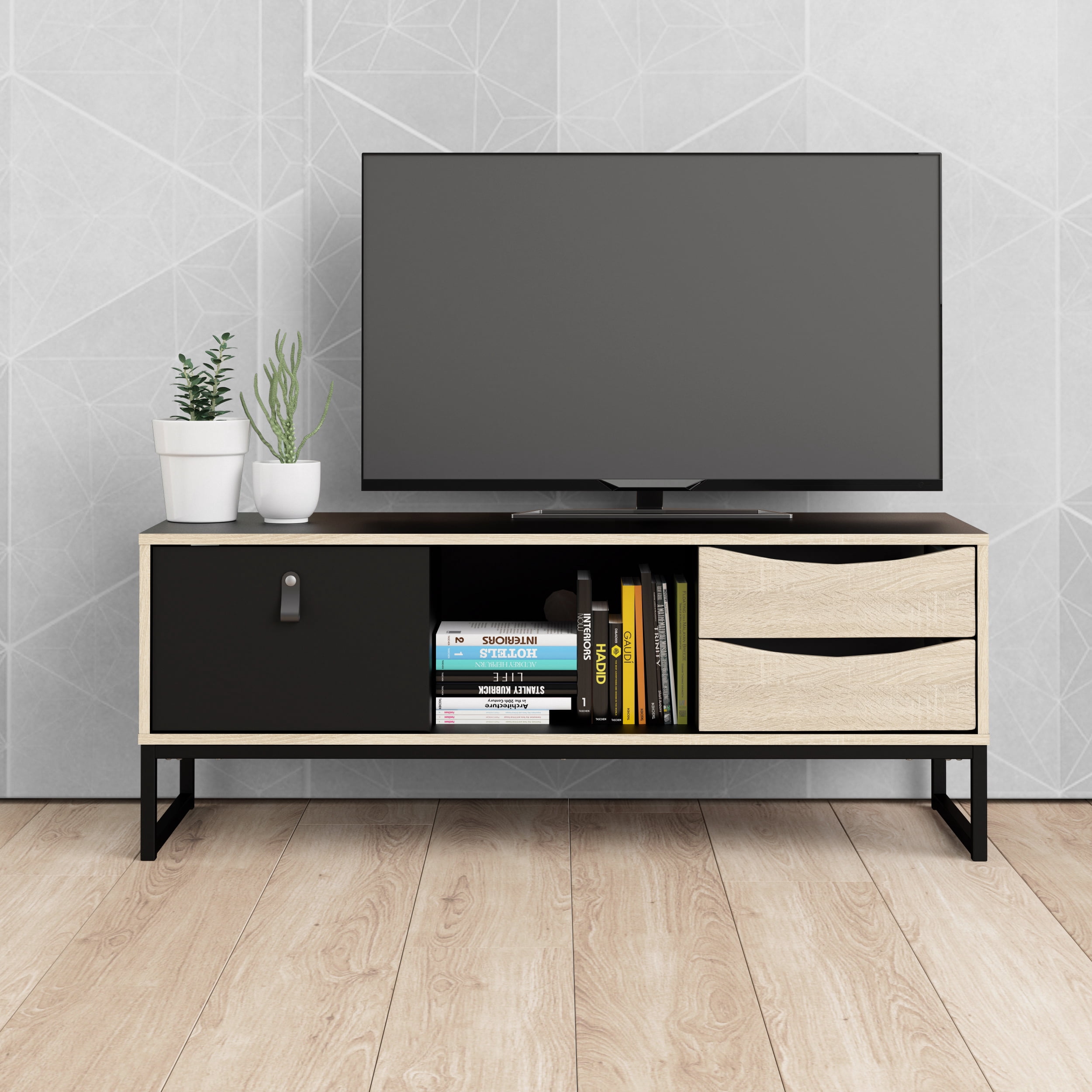 Stubbe 3 Drawer TV Stand, Black Matte/Oak Structure