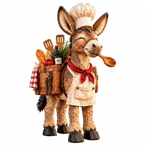 The Stubborn Little Chef, Carved Kitchen Donkey Figurine, Rustic AnimalStatue, Wooden Cook Sculpture with Hat Apron Basket, Whimsical Shelf Decor, Coffee Bar, Friend Gift