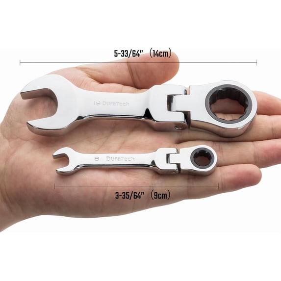 Stubby Flex-head Ratcheting Combination Wrench Set, Metric, 12-piece, 8-19mm, CR-V Steel, with Pouch
