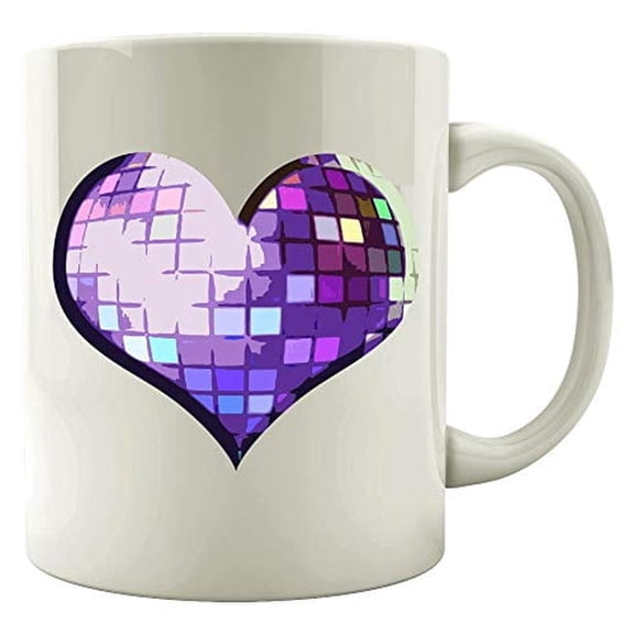 Funny Disco 11 oz Coffee Mug - Purple Spinning Ball Heart White Ceramic Gift