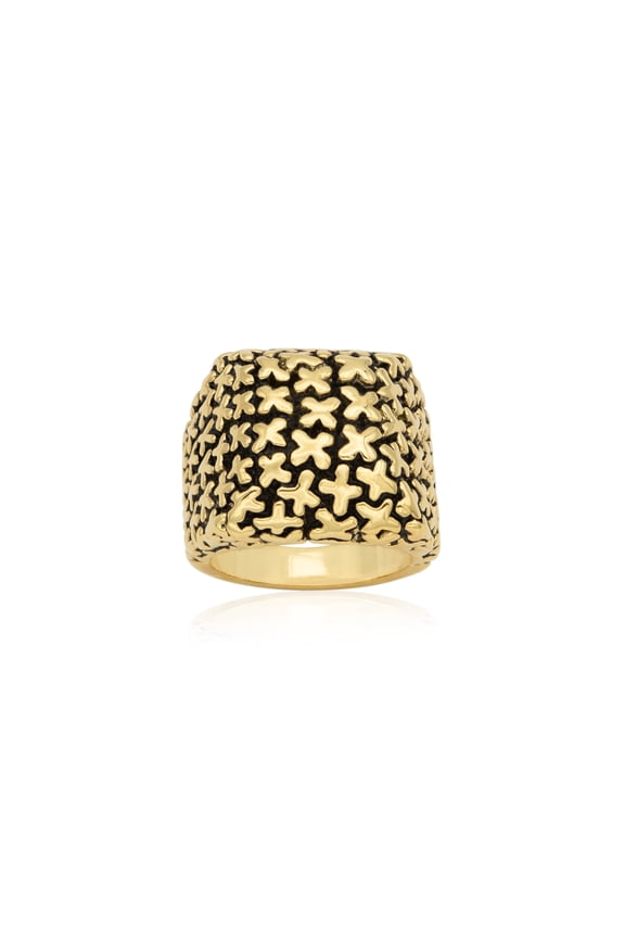 Wide Band Cross Pattern Statement Ring, Antique Gold Tone Fashion Ring Size 8 Jewelry Ring Gold