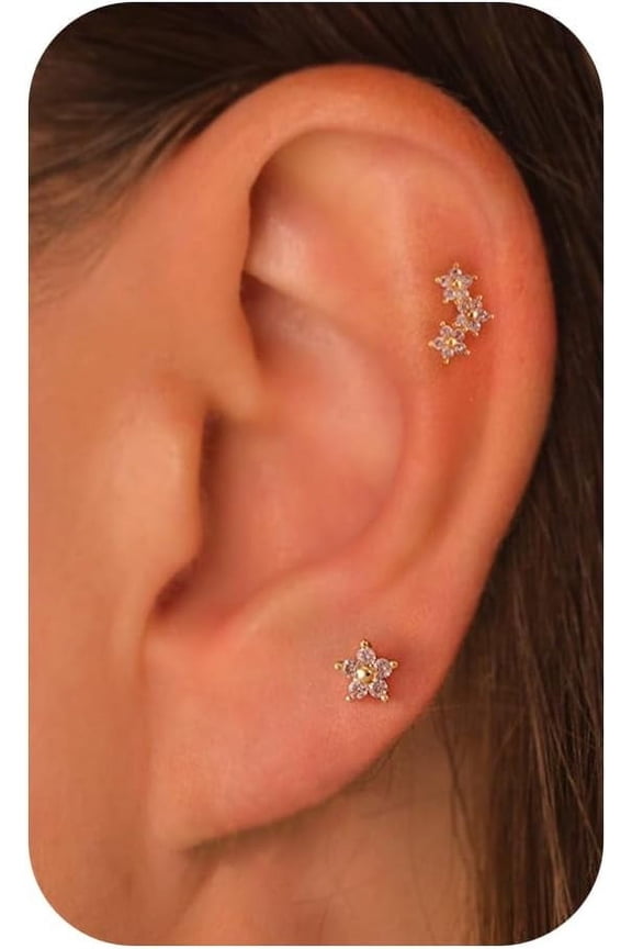 Stud Earrings-14k Gold/White Gold Plated Tiny Snake Cz Flower Cartilage Stud Earrings Dot Stud Earrings Stacks Earrings Set for Women