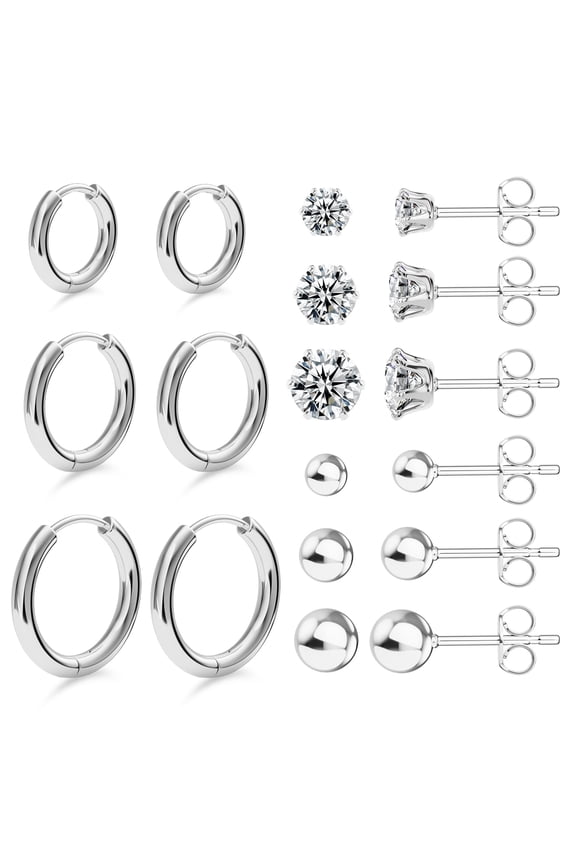 Stud Earrings, 9-piece set, steel-colored