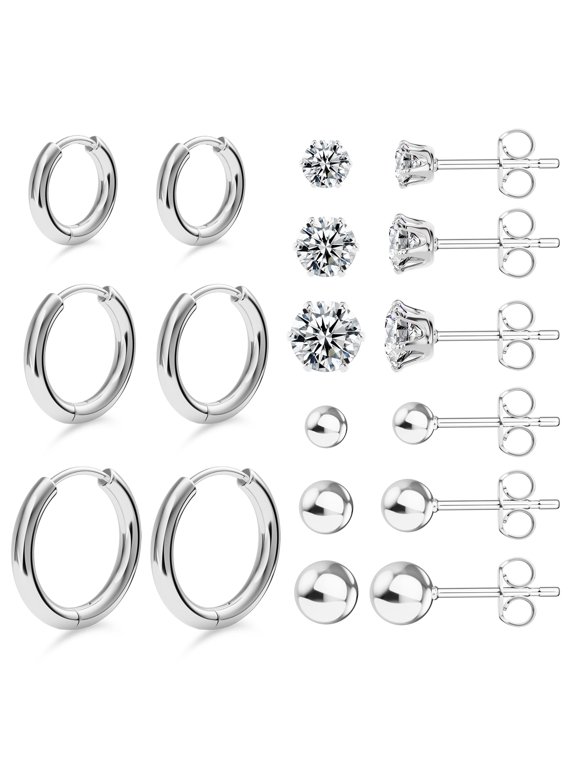 Stud Earrings, 9-piece set, steel-colored