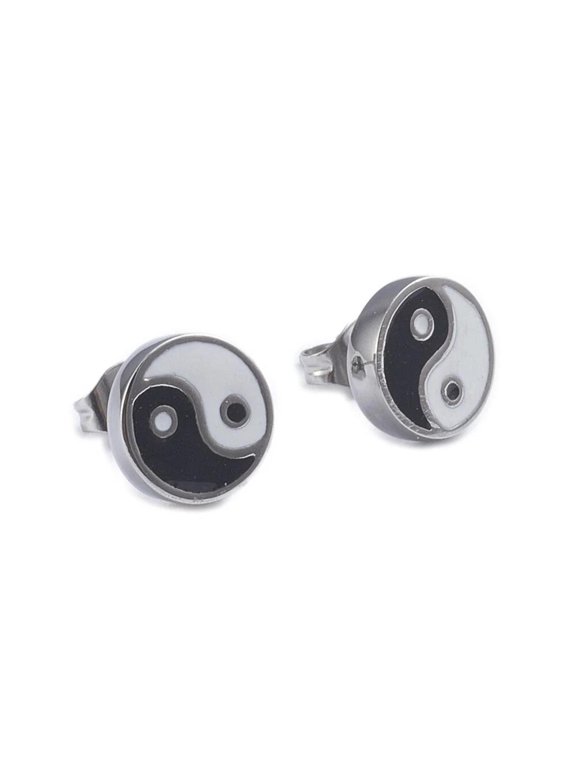 Circle Stud Earrings Finding Silver Plated Round Yin Yang Black 9.7mm, Pin 0.6mm P316