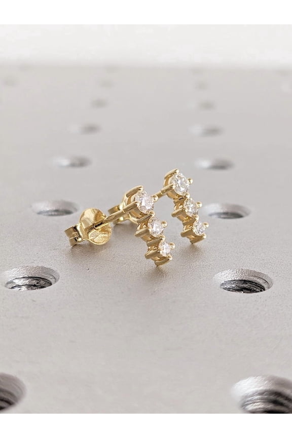 Stud Earrings, Prong Setting Three Stone Diamond Earrings for Women, Dainty Everyday Jewelry, Push Back Bridal Earrings