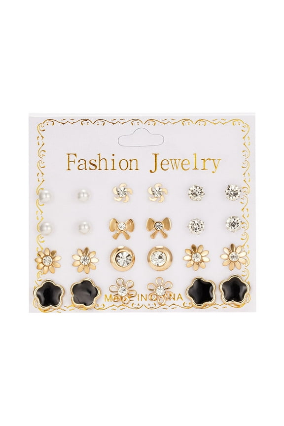 Stud Earrings Set,New Paper Card Zircon Earrings All-match 12 Pairs Of Pearl Card Earrings Female