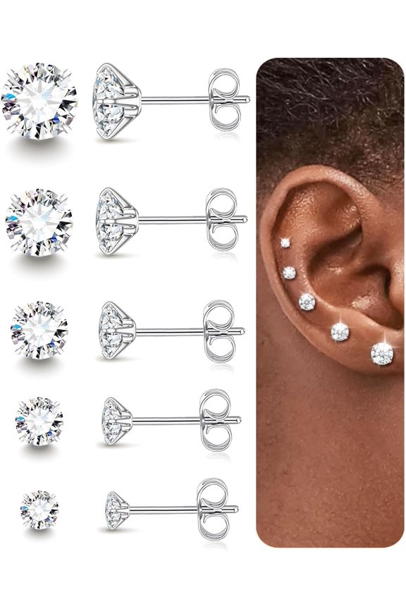 Stud Earrings for Women Men, Hypoallergenic Women's 14K Gold Plated 316L Stainless Steel CZ Studs Earrings Simulated Diamond Round Cubic Zirconia Ear Stud Set[z2835]