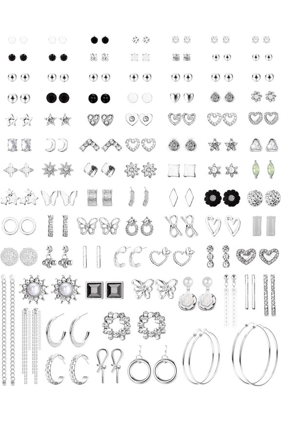 Stud Earrings for Women, Multipack Cute Earrings for Sensitive Ears, Flower Butterfly CZ Hoop Dangle Earrings Set,Silver & Gold Tone Silver Silver