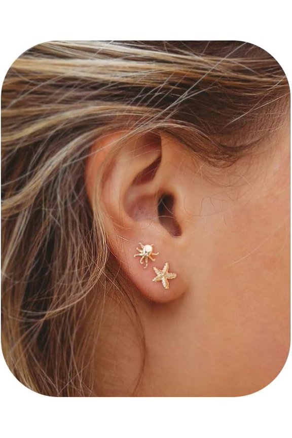 Stud Earrings for Women: Danty Tiny Starfish Turtle Shell Seahorse Octopus Nautilus Stud Ear Stack Earrings Set 14k Gold/White Gold Plated
