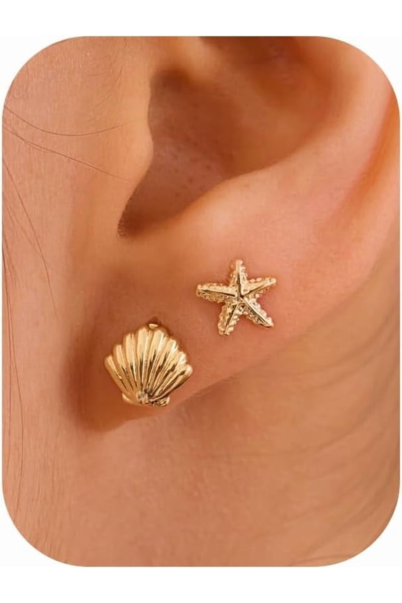 Stud Earrings for Women: Danty Tiny Starfish Turtle Shell Seahorse Octopus Nautilus Stud Ear Stack Earrings Set 14k Gold/White Gold Plated