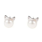 FOLLURE CLOTHING Stud Earrings for Women Girls 925 Sterling Silver Cute Cat Pearl Silver Needle Earring
