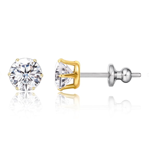 Stud Earrings for Women Men, Titanium Studs | Round 6 Prong Cubic Zirconia Earring Stud, Hypoallergenic, Flat Back Earrings for Sensitive Ears