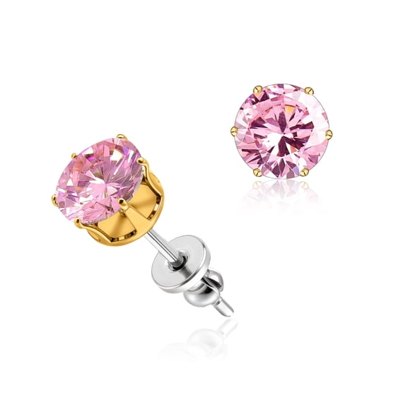 Stud Earrings for Women Men, Titanium Studs | Round 6 Prong Cubic Zirconia Earring Stud, Hypoallergenic, Flat Back Earrings for Sensitive Ears