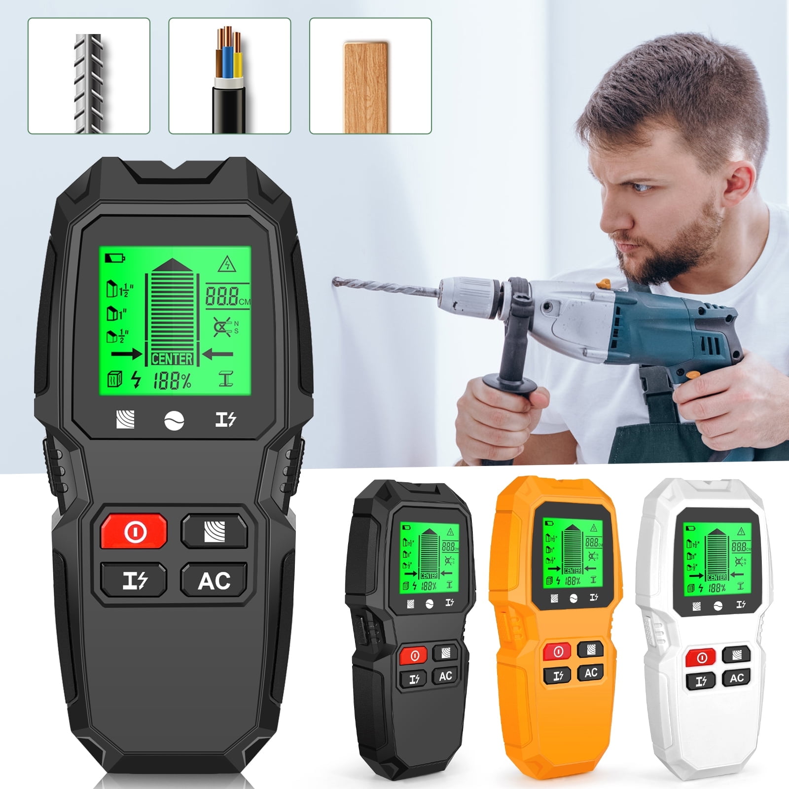Stud Finder Wall Scanner 7 In 1 Electronic Detector Wood Metal AC Wire LCD Display (black )