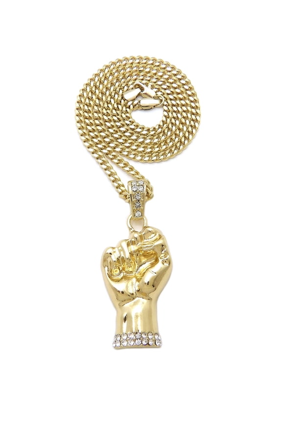 Stud Power Fist Pendant Pendant with 4mm Cuban Chain Necklace, Gold-Tone, 27"