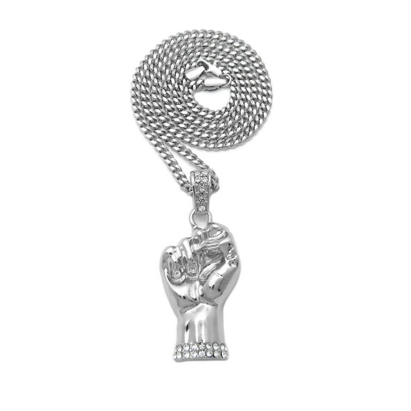 Stud Power Fist Pendant Pendant with 4mm Cuban Chain Necklace, Silver-Tone, 24"