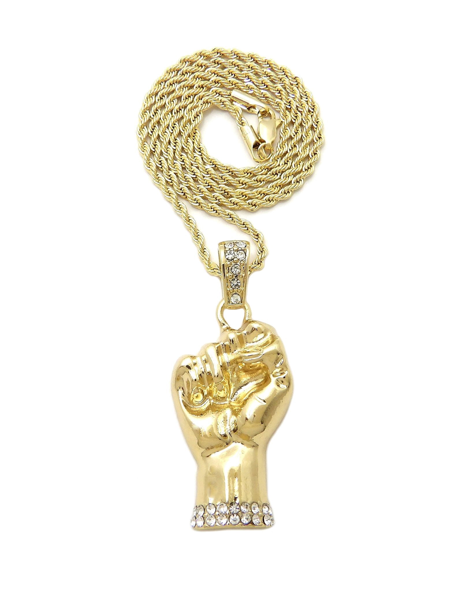 Fist Chain Rings Stud Power Fist Pendant with 2mm Rope Chain Necklace, Gold-Tone, 18 ...
