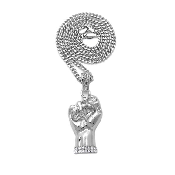 Stud Power Fist Pendant with 3mm Cuban Chain Necklace, Silver-Tone, 20"